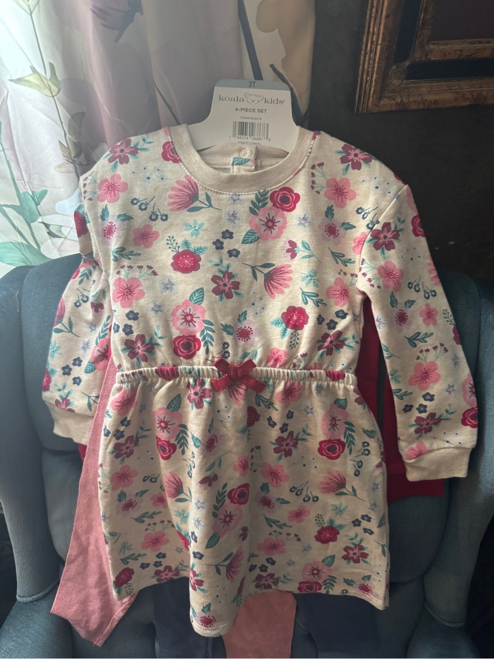Koala Kids Cream Floral Long Sleeve Dress with Pink Accents